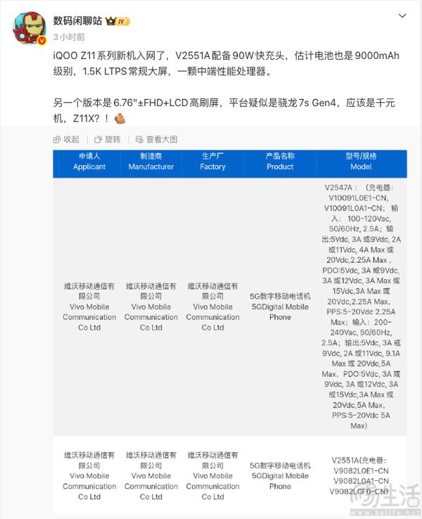 疑似iqoo z11系列新机通过认证，部分配置曝光