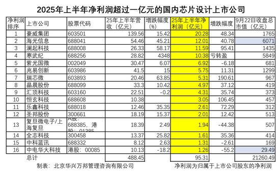 上半年净利润超过一亿元即盈利能力居3%的国内芯片设计公司有哪些