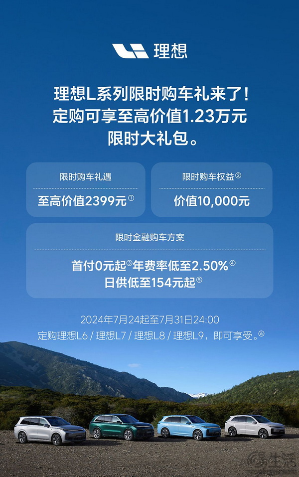 理想l系列推出限时购车优惠 至高得1.23万大礼包