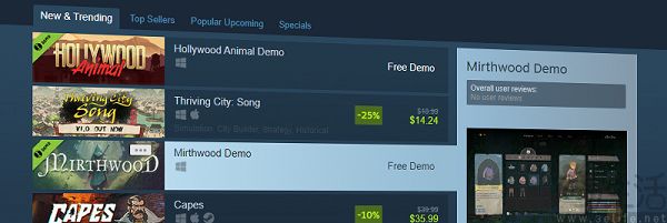 steam为试用版游戏推出独立页面，并提供更多展示